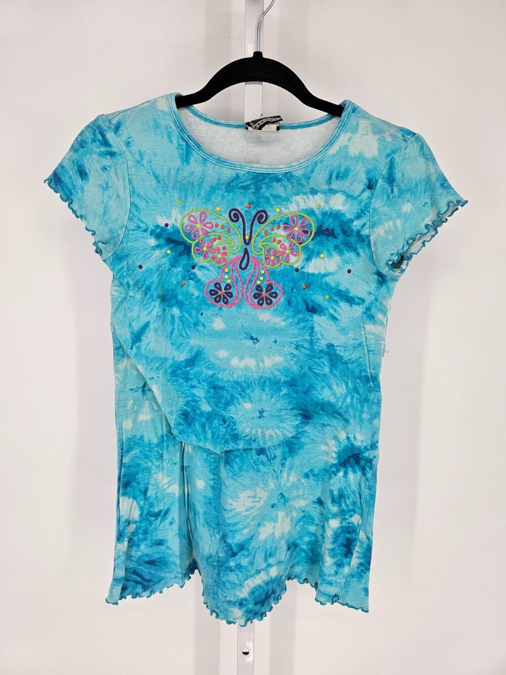 Vintage Y2K Womens Sz L Short Sleeve Tie Dye T Shirt Butterfly Bright Blue